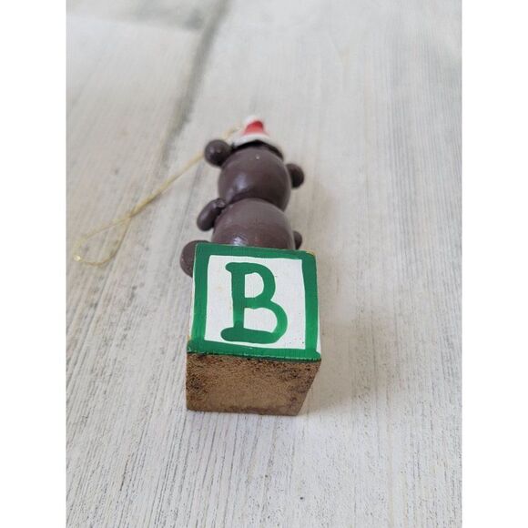 Vintage wooden Teddy Bear Block Christmas hat ornament Xmas decor - Picture 4 of 5